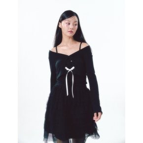 Knit Ribbon Shirring Top Set Black