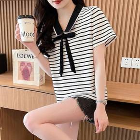 / NT2475 러블리 리본넥 스트라이프 반팔 티셔츠