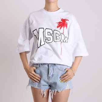 MSGM 여성 팜트리 로고 프린트 루즈핏 반팔티 화이트 2641MDM164-01