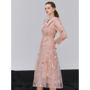 Catherine / Flower embroidery Shirring Tiered Dress