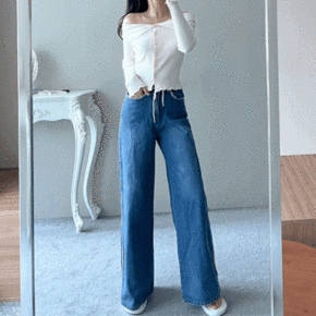 알카라스 데님 와이드 허리끈 스트랩 배색 롱 맥시 고퀄 키큰여자 날씬핏 청바지_P368746622