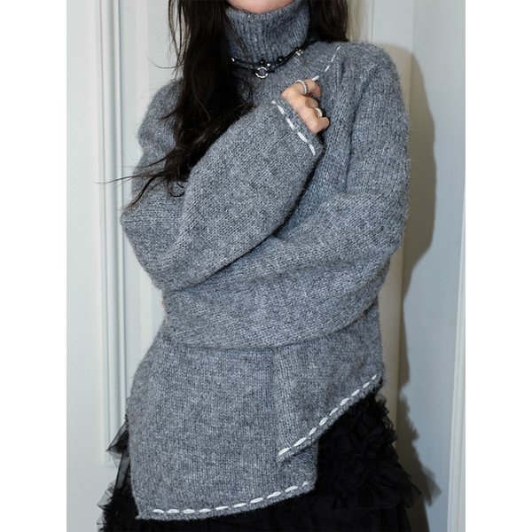TURTLENECK STITCH KNIT TOP - GREY