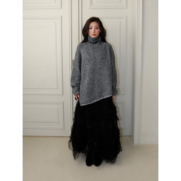 TURTLENECK STITCH KNIT TOP - GREY