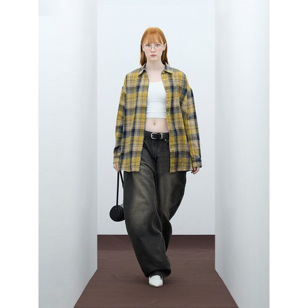 85-VIVA063 빈티지 치크 오버핏 포켓 긴팔 체크 셔츠 옐로우