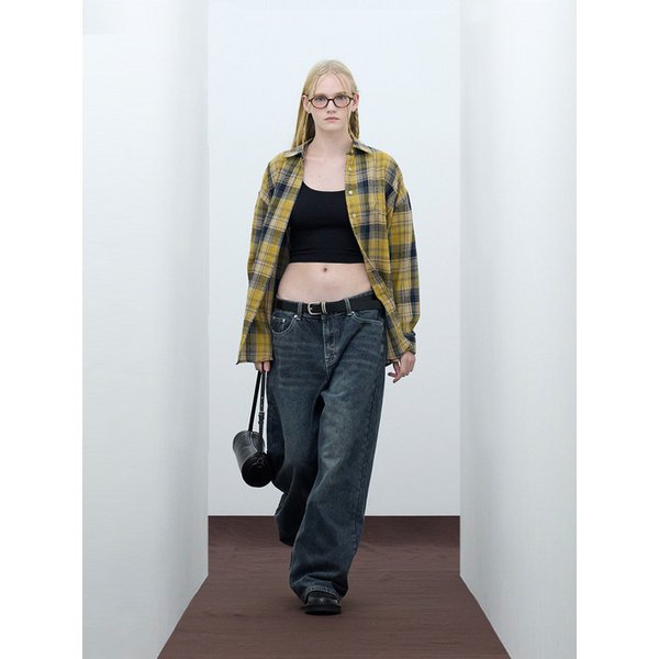 85-VIVA063 빈티지 치크 오버핏 포켓 긴팔 체크 셔츠 옐로우