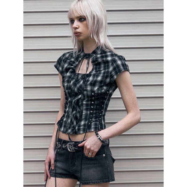 Double Lace Up Blouse (CHECK)