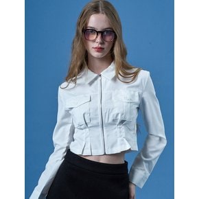크롭 지퍼 슬림 무지 셔츠 블라우스 [WHITE]