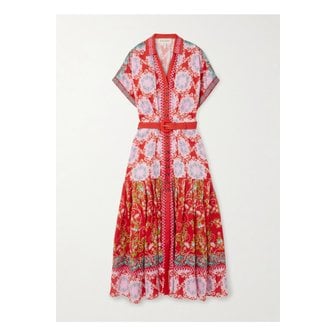 Saloni 살로니 리야 벨트 플리츠 플로럴 프린트 리넨 보일 드레스 레드 1647597359872949