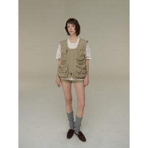 Wool Blended Utility Pocket Vest (Olive)