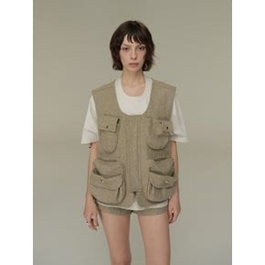 Wool Blended Utility Pocket Vest (Olive)