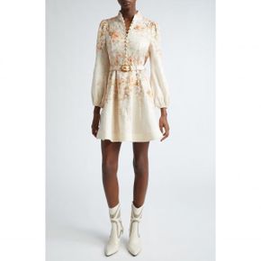 5077570 Zimmermann Illustration Floral Long Sleeve Belted Linen Minidress