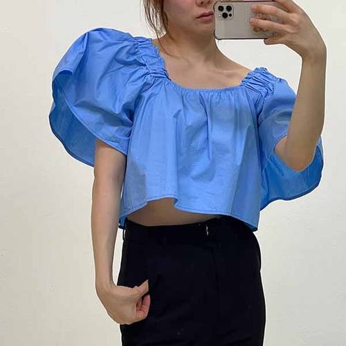 슈팅스타 / 스퀘어넥 루즈핏 오프숄더 셔링 반팔 블라우스