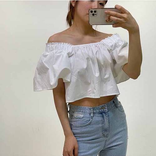 슈팅스타 / 스퀘어넥 루즈핏 오프숄더 셔링 반팔 블라우스