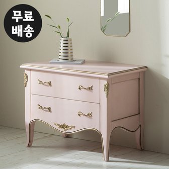 벤티스가구 델리 원목 엔틱 2단 서랍장 낮은 좁은 슬림 앤틱 체스트 서랍장 다용도(핑크)