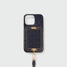 Phone Case with Leather Strap - Croco Navy