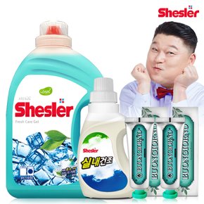 강호동의 쉬슬러 액상 세제 후레쉬 3.05L 1개+실내건조전용 650ml 1개+구취케어 치약100g 2개.