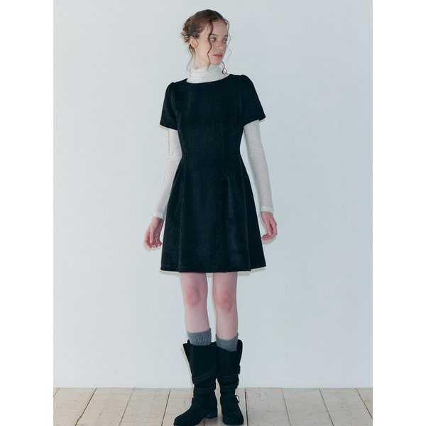 Shirring Flare Mini Dress, Black