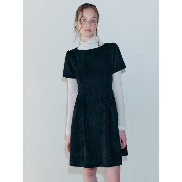Shirring Flare Mini Dress, Black