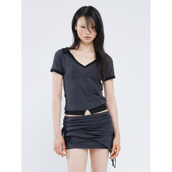 LAYERED DEEP V-NECK COLLAR T-SHIRT CHARCOAL