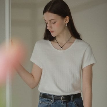 틸아이다이 Ribbon point half sleeve eyelet t-shirt_Ivory