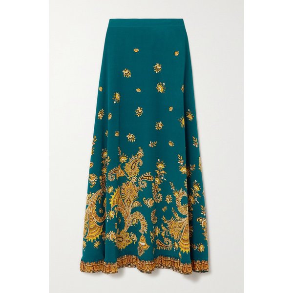러플 페이즐리 프린트 실크 크레이프 드 신 맥시 스커트 틸 블루 1647597308301545