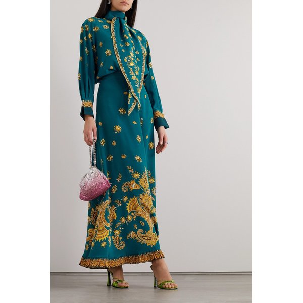 러플 페이즐리 프린트 실크 크레이프 드 신 맥시 스커트 틸 블루 1647597308301545