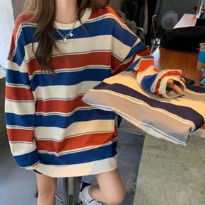 여성 편안한 줄무늬 긴팔 티셔츠 루즈핏 맨투맨