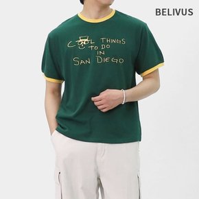 빌리버스 남성 링거 반팔티 프린팅 배색 라운드 면티 BYM012