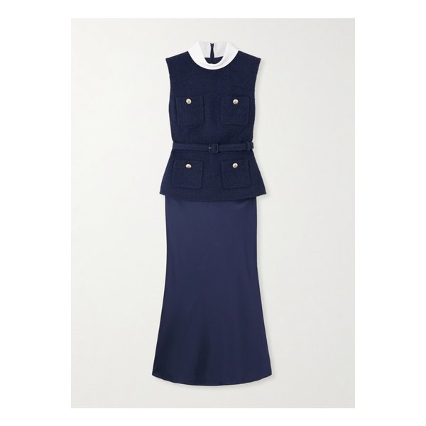 벨트 크레이프 트리밍 부클레 새틴 미디 드레스 블루 46376663162843482