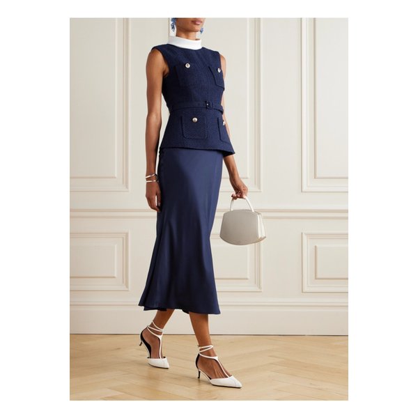 벨트 크레이프 트리밍 부클레 새틴 미디 드레스 블루 46376663162843482