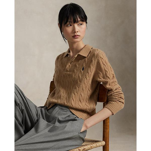 여성 케이블 니트 울 캐시미어 폴로 스웨터(WMPOSWENC021282260)