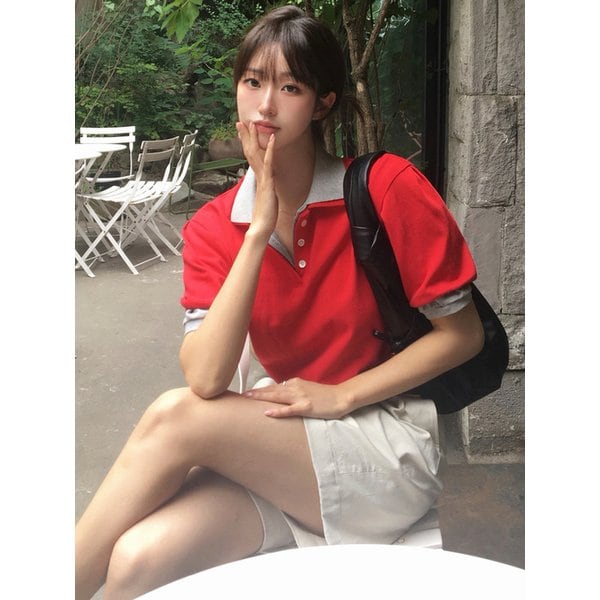 [현주,경은 PICK] EMBROIDERY LOGO PUFF SLEEVE PK T-SHIRT [3COLORS]