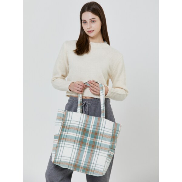 체크 코튼 포켓 에코 숄더백 (민트/체크)