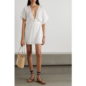 Coralia tie-detailed crinkled linen-blend mini dress 화이트 1647597347735056