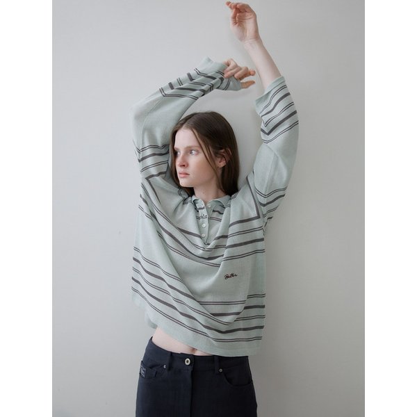 Button collar stripe knit [KNSS06KN06]_Gray