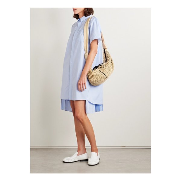 레이어드 플리츠 핀스트라이프 포플린 미디 셔츠 드레스 블루 1647597350169346