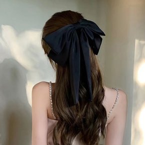 실크 리본 머리핀 여성 블랙 대형 반묶음 반머리 자동 헤어핀 ODM-HAIRPIN5