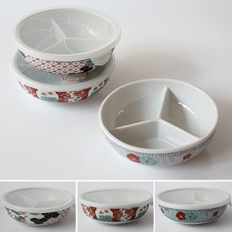 포텐시아 하코야 원형 3절나눔 도자기볼(+전자렌지용 뚜껑)/칸막이 반찬 그릇