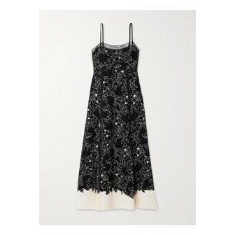 LA LIGNE 라 리뉴 레이스 트리밍 플로럴 프린트 크레이프 조젯 미디 드레스 블랙 1647597322830708