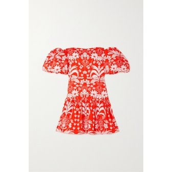 BORGO DE NOR 보르고 드 노르 지기 오프 숄더 플로럴 프린트 코튼 미니 드레스 레드 1647597289250195