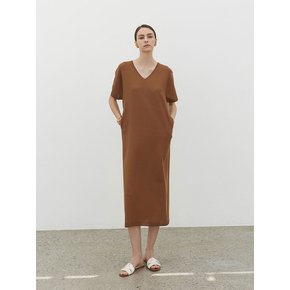 String Point V Neck Long Dress Camel