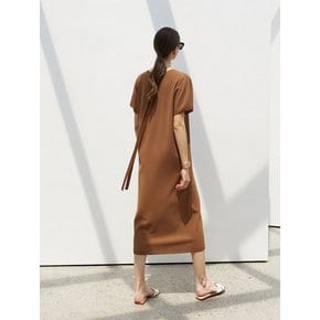 String Point V Neck Long Dress Camel