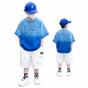 남아 주니어 블루 그라데이션 화이트 반바지 상하_P393475939