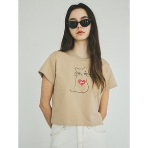 Love Cat Needle Stitch Crop T-shirt _CTT313(Beige)