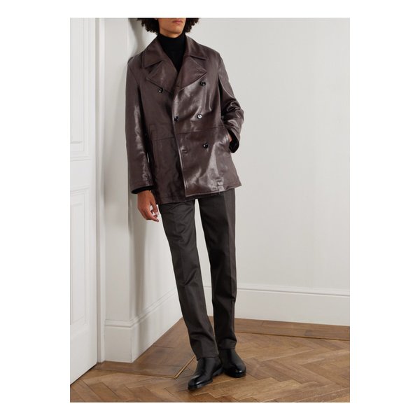 브리오니 더블 브레스트 나파 가죽 코트 브라운 46376663162851171