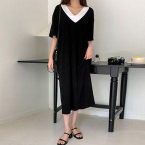 슈핀 브이넥 배색 반팔 원피스_P359727936