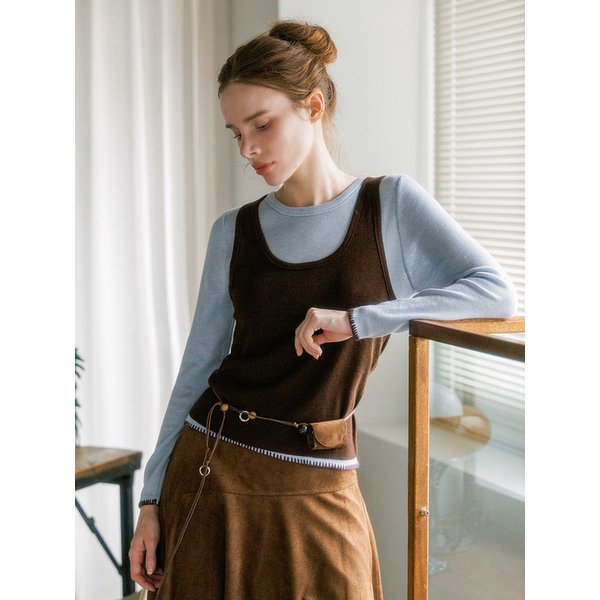 울 블렌딩 배색 스티치 레이어드 니트 세트