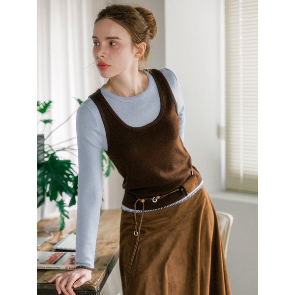 울 블렌딩 배색 스티치 레이어드 니트 세트