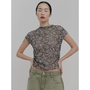 FLOWER MESH SHIRRING TOP [GREY]