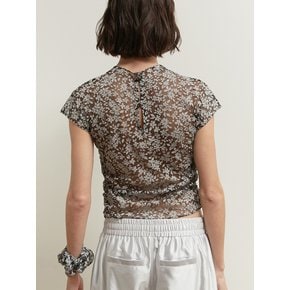 FLOWER MESH SHIRRING TOP [GREY]